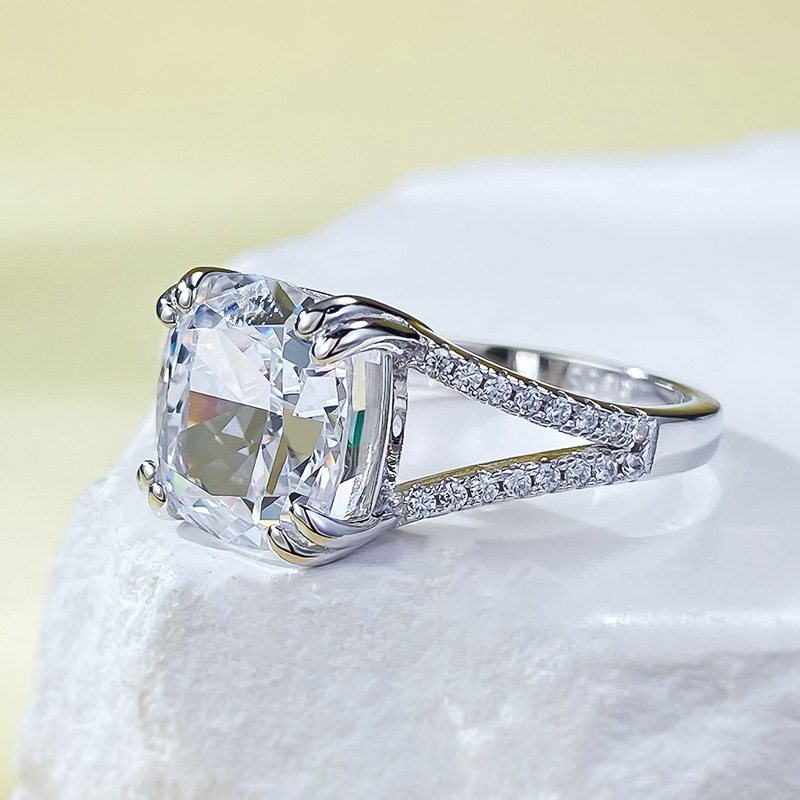5Ct Cushion Cut White Split Shank Pave Setting Ring-Sterling Silver-lornajewelry