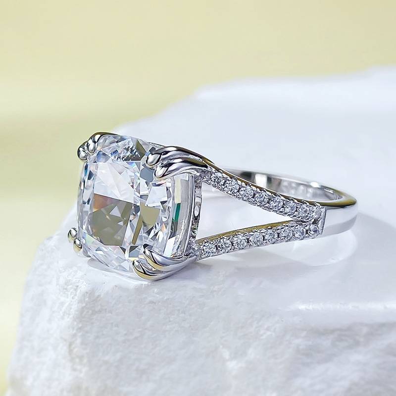 5Ct Cushion Cut White Split Shank Pave Setting Ring-Sterling Silver-lornajewelry