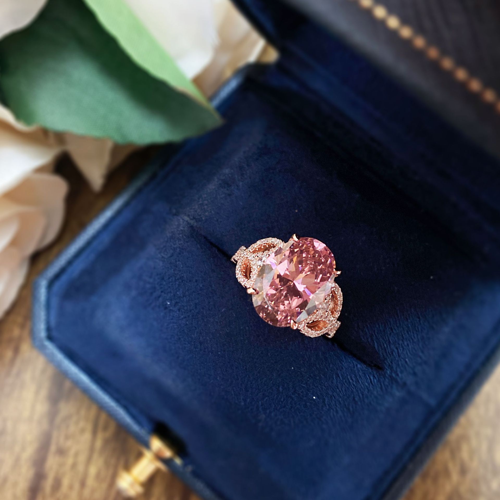 5.5Ct Pink Oval Cut Halo Setting Rose Gold Ring-Sterling Silver-lornajewelry