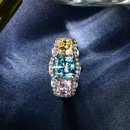 3Ct Tricolor Cushion Cut Three Stone Halo Setting Ring-Sterling Silver-lornajewelry