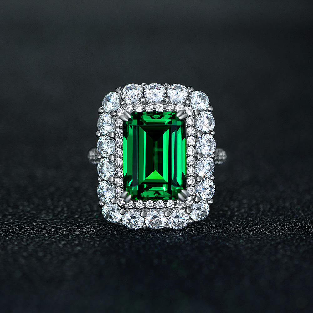 7Ct Green Emerald Cut Halo Setting Classic Ring-Sterling Silver-lornajewelry