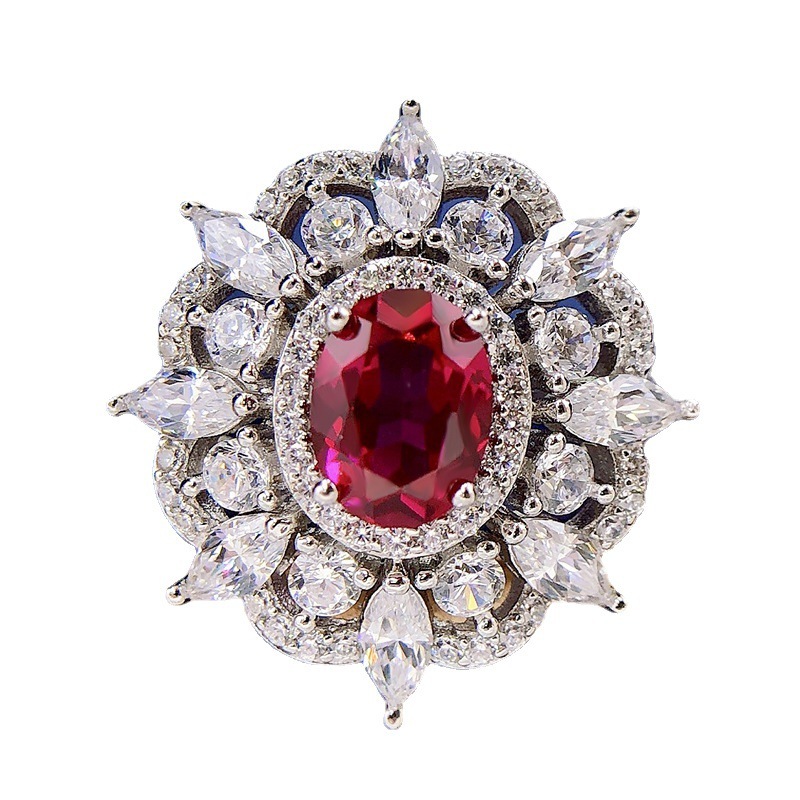 1Ct Exclusive Flower Shape Oval Cut Ruby Engagement Ring In White Gold-Sterling Silver-lornajewelry