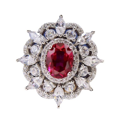 1Ct Exclusive Flower Shape Oval Cut Ruby Engagement Ring In White Gold-Sterling Silver-lornajewelry