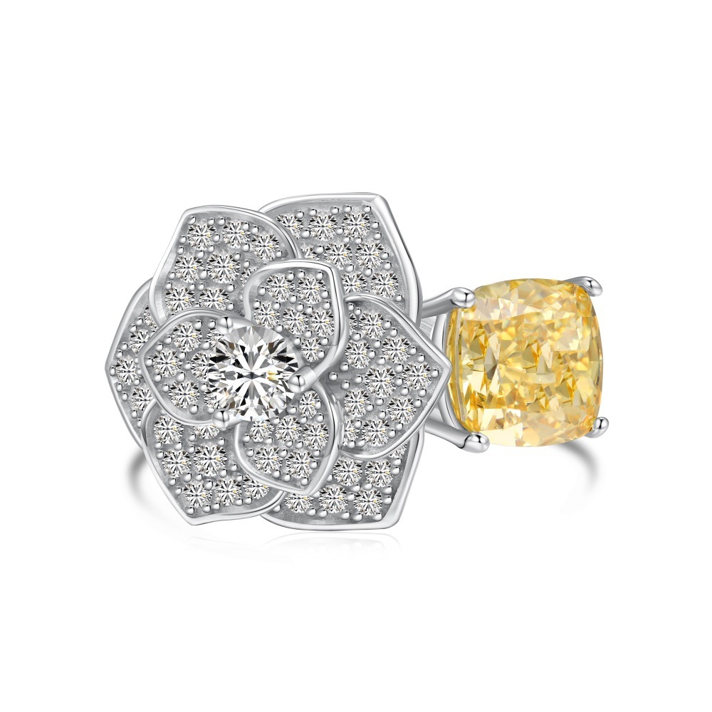 3Ct Yellow Cushion Cut Floral Pave Ring-Sterling Silver-lornajewelry