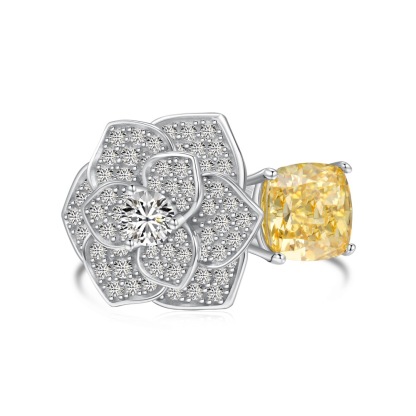 3Ct Yellow Cushion Cut Floral Pave Ring-Sterling Silver-lornajewelry