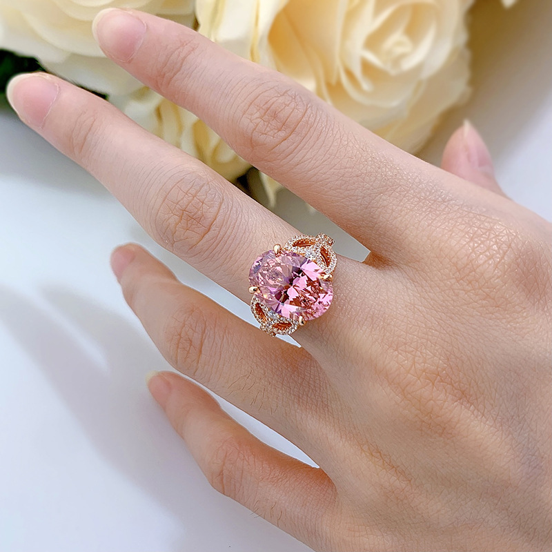 5.5Ct Pink Oval Cut Halo Setting Rose Gold Ring-Sterling Silver-lornajewelry