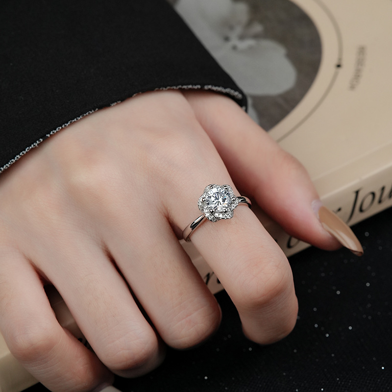 1Ct Moissanite Round Cut Flower Halo Ring-Sterling Silver-lornajewelry