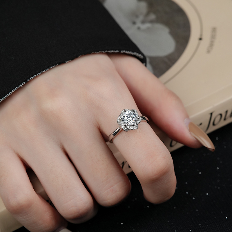 1Ct Moissanite Round Cut Flower Halo Ring-Sterling Silver-lornajewelry