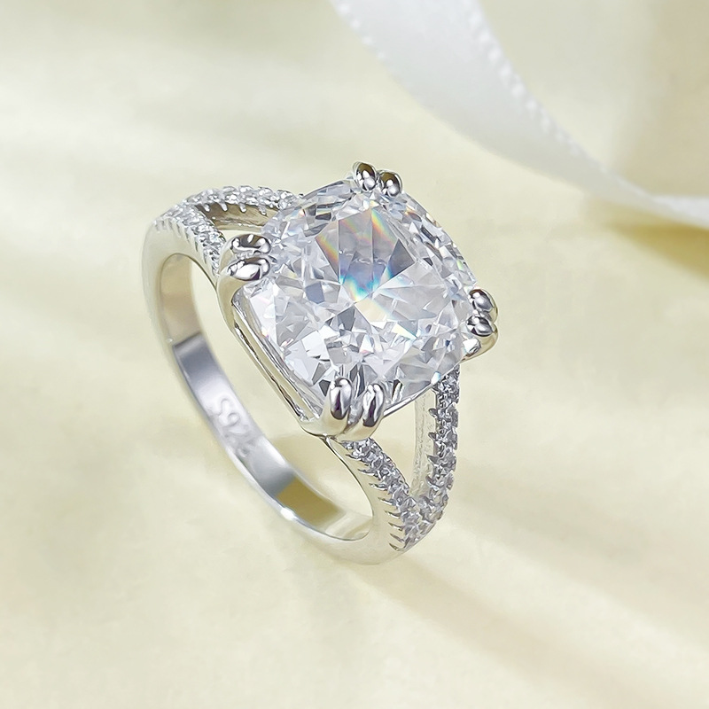 5Ct Cushion Cut White Split Shank Pave Setting Ring-Sterling Silver-lornajewelry