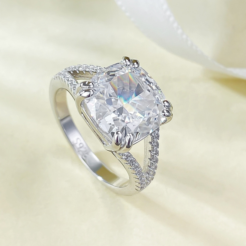 5Ct Cushion Cut White Split Shank Pave Setting Ring-Sterling Silver-lornajewelry