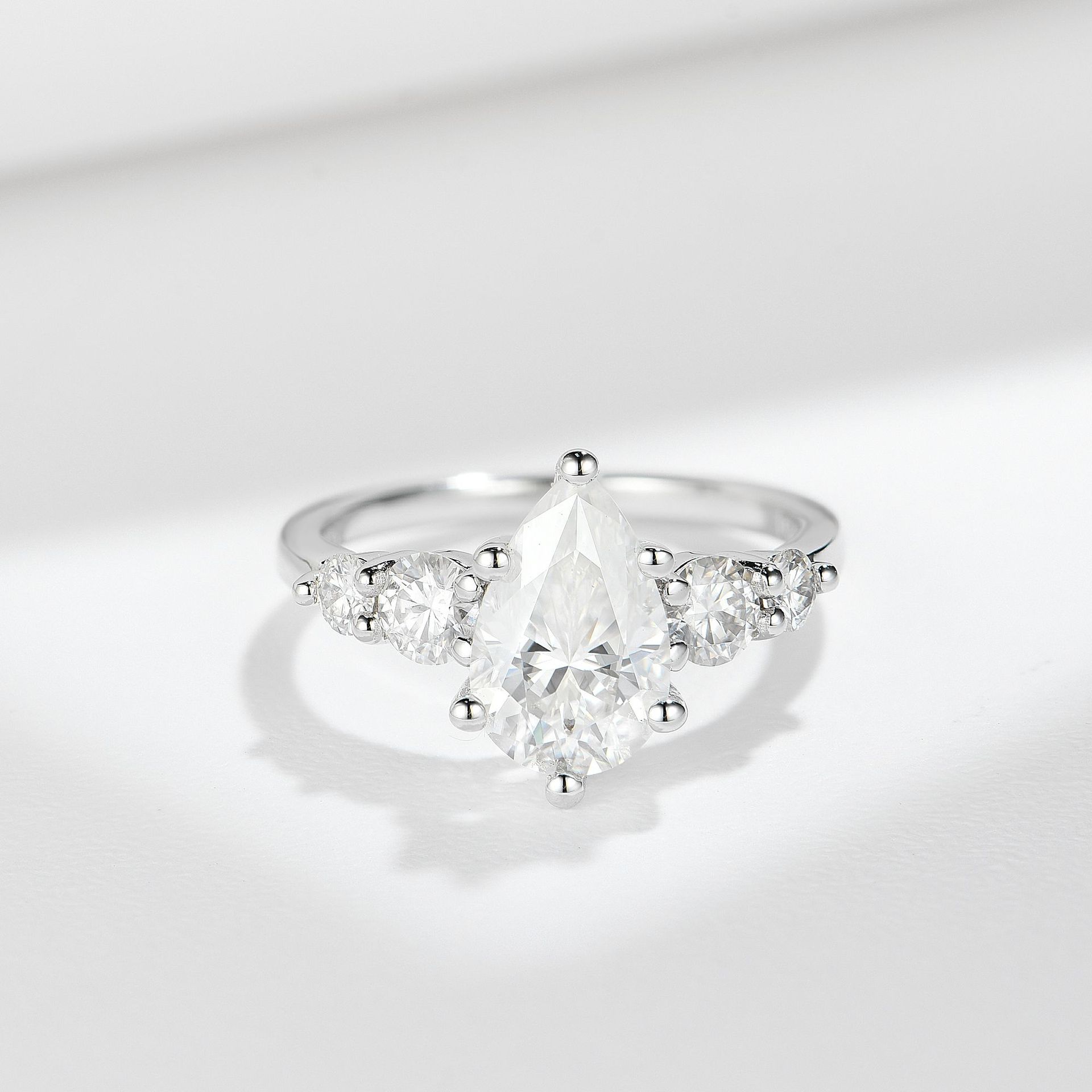 3Ct Moissanite Pear Cut Side Chic Five-Stone Sterling Silver Engagement Ring