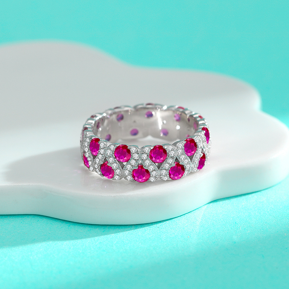 Red Ruby Round Cut Pave Eternity Band-Sterling Silver-lornajewelry