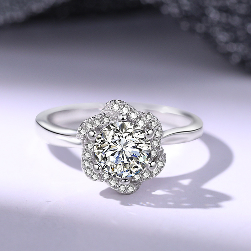 1Ct Moissanite Round Cut Flower Halo Ring-Sterling Silver-lornajewelry