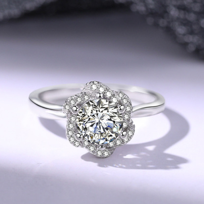 1Ct Moissanite Round Cut Flower Halo Ring-Sterling Silver-lornajewelry