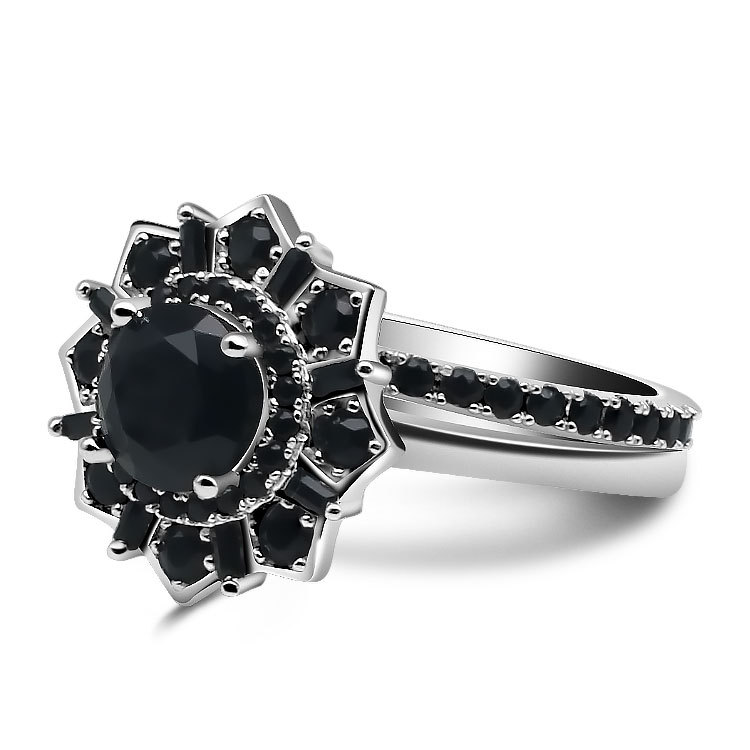 1.5Ct Black Stone Double Halo Starburst Wedding Ring Set in Sterling Silver-Sterling Silver-lornajewelry