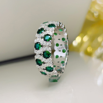 Green Round Cut Pave Eternity Band-Sterling Silver-lornajewelry