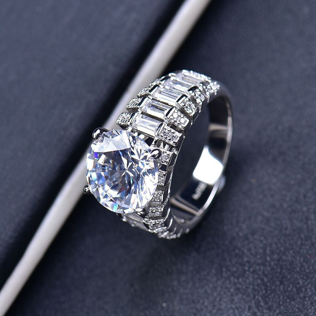 5Ct Moissanite Three-Row Tapered Shank Sterling Silver Engagement Ring-Sterling Silver-lornajewelry