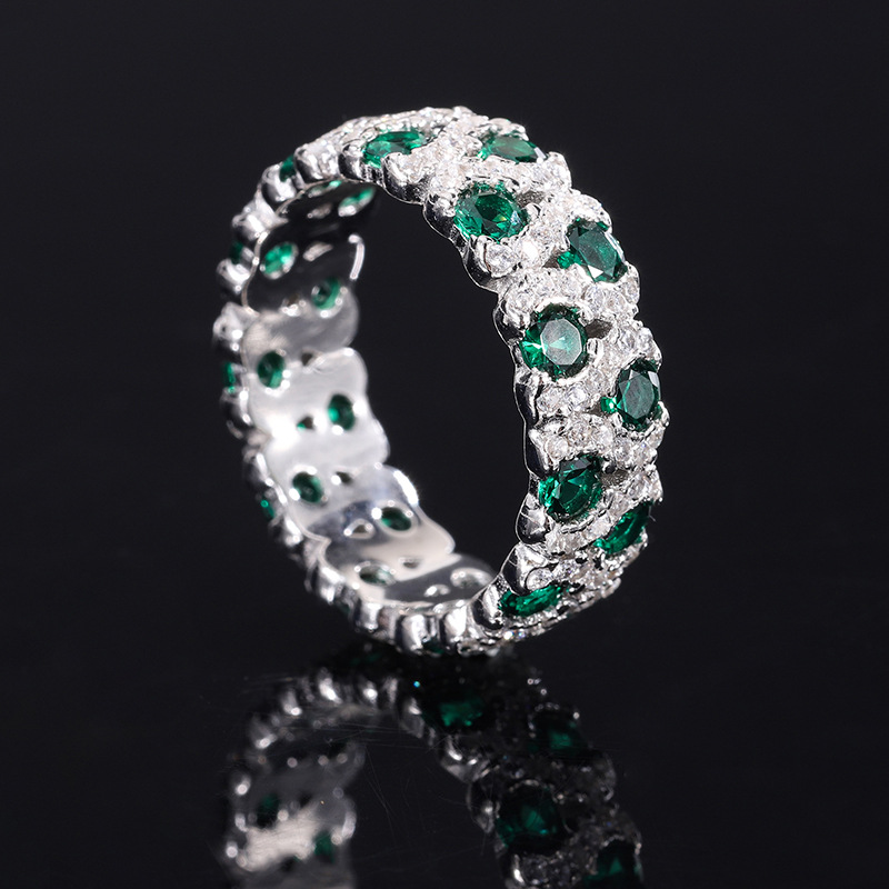 Green Round Cut Pave Eternity Band-Sterling Silver-lornajewelry