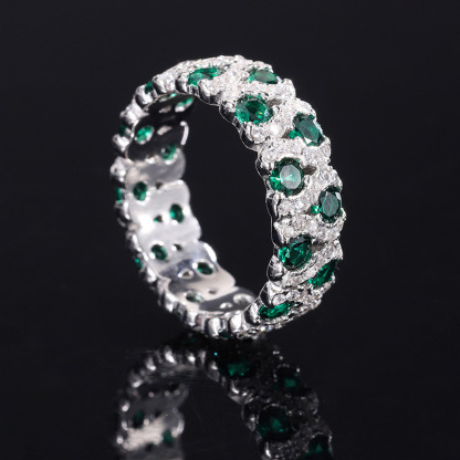 Green Round Cut Pave Eternity Band-Sterling Silver-lornajewelry