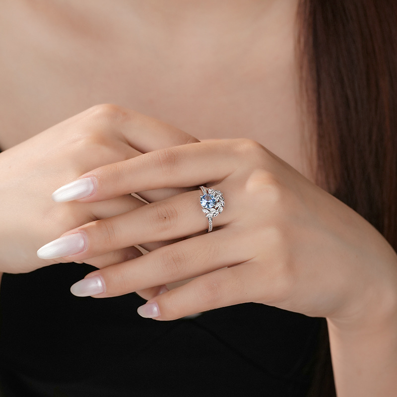 1Ct Moissanite Blue Round Cut Gemstone Leaf Marquise Setting Elegant Ring-Sterling Silver-lornajewelry