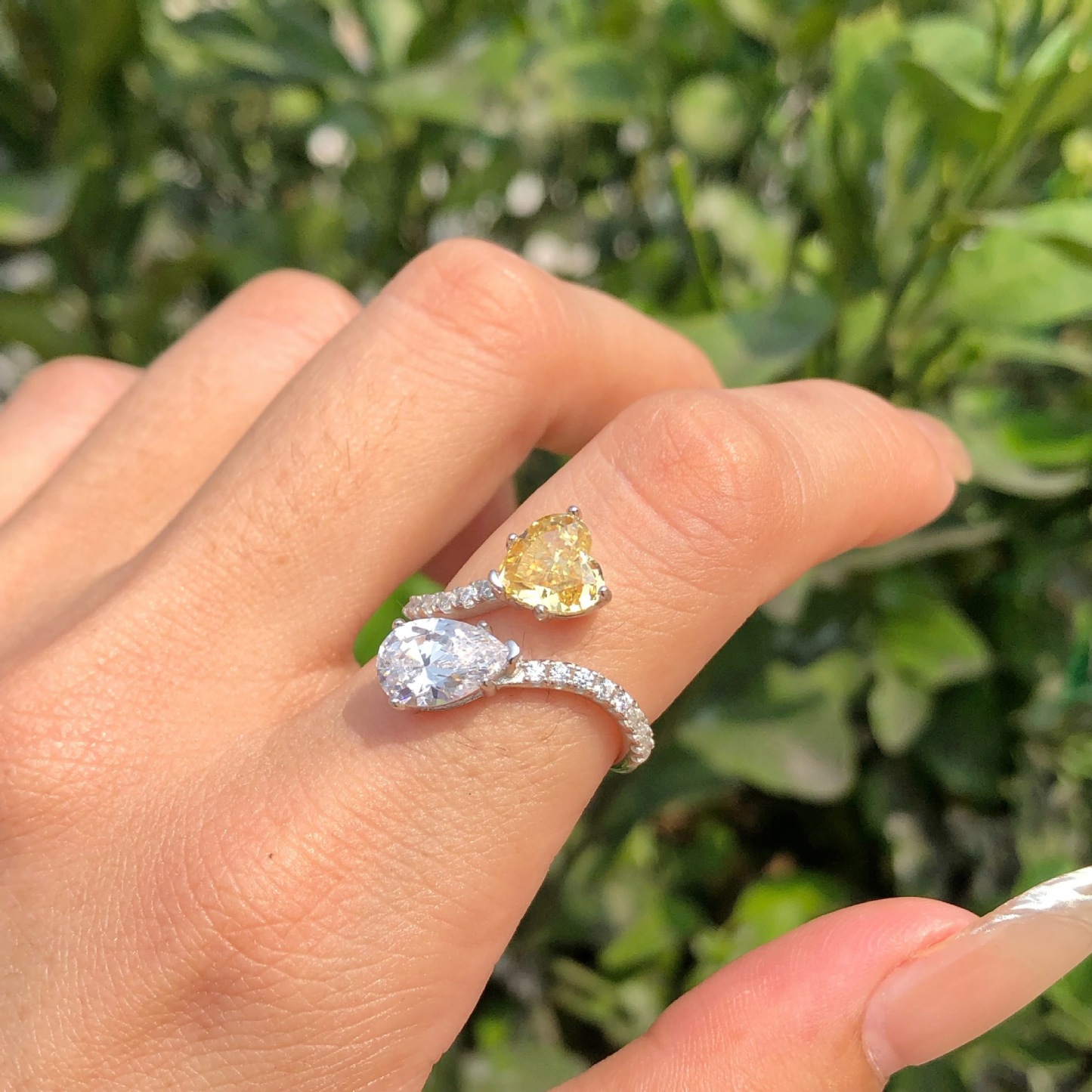 1Ct+1Ct Yellow Heart and White Pear Cut Bypass Ring-Sterling Silver-lornajewelry