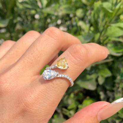 1Ct+1Ct Yellow Heart and White Pear Cut Bypass Ring-Sterling Silver-lornajewelry