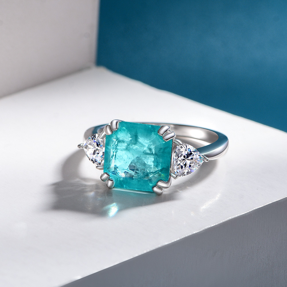 5Ct Asscher Cut Blue Paraiba Tourmaline Three-Stone Setting Ring-Sterling Silver-lornajewelry