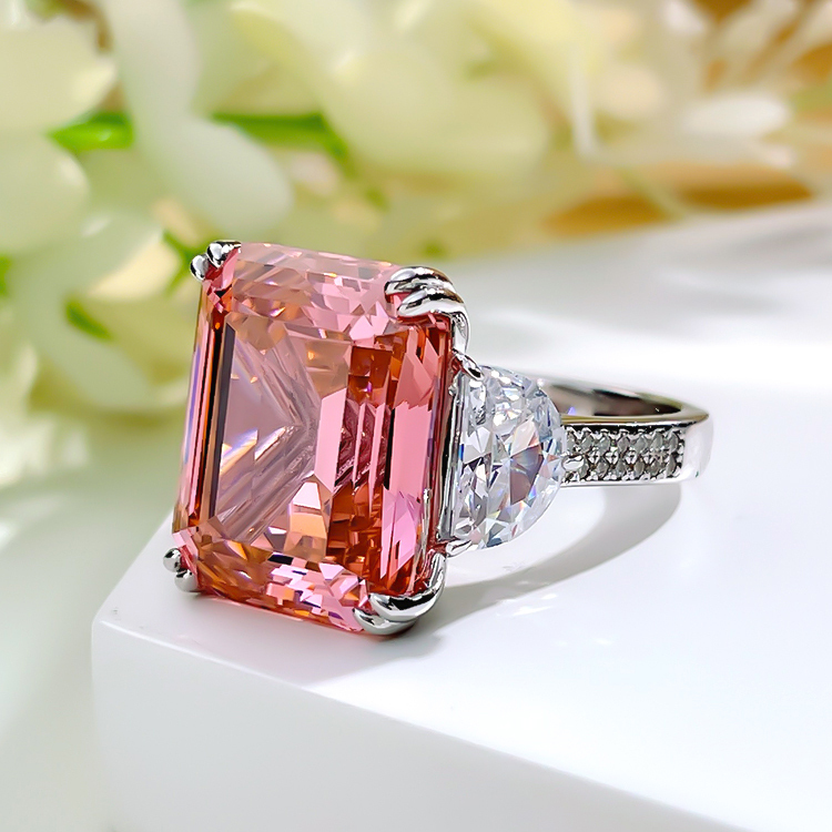 15Ct Emerald Cut Pink Diamond Three Stone Ring-Sterling Silver-lornajewelry