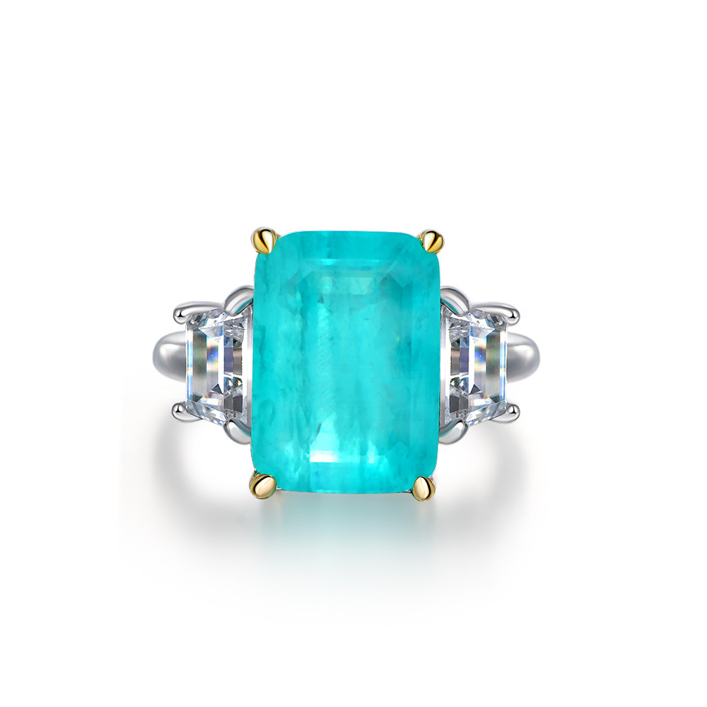 8Ct Emerald Cut Blue Paraiba Tourmaline Three-Stone Ring-Sterling Silver-lornajewelry