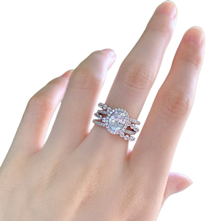 1Ct White Oval Cut Triple Band Halo Ring-Sterling Silver-lornajewelry