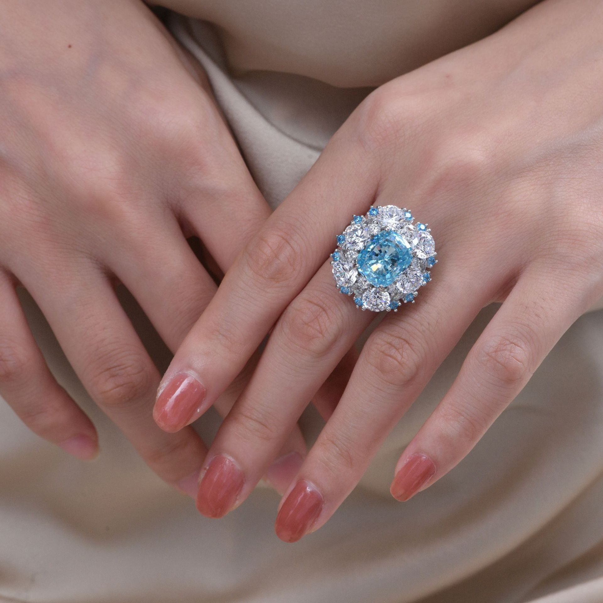 6Ct Cushion Cut Aquamarine Double Halo Pave Ring-Sterling Silver-lornajewelry