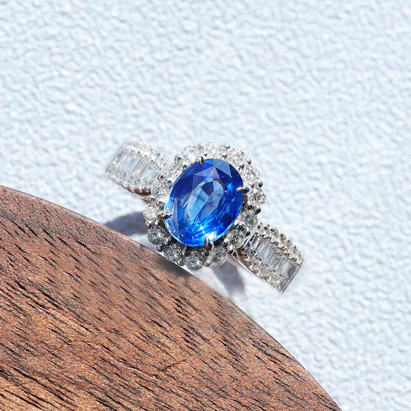 2.5Ct Oval Cut Blue Sapphire Halo Design Ring-Sterling Silver-lornajewelry
