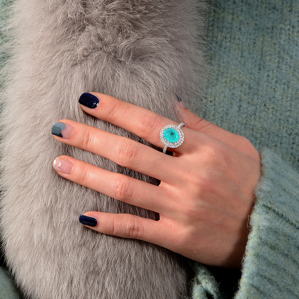 3Ct Oval Cut Blue Paraiba Tourmaline Double Halo Pave Setting Ring-Sterling Silver-lornajewelry