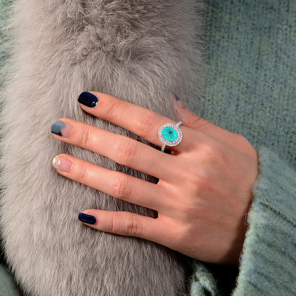 3Ct Oval Cut Blue Paraiba Tourmaline Double Halo Pave Setting Ring-Sterling Silver-lornajewelry