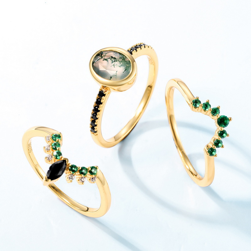 2Ct Oval cut Natural Moss Agate Yellow Gold Wedding Ring Set In Sterling Silver-Sterling Silver-lornajewelry