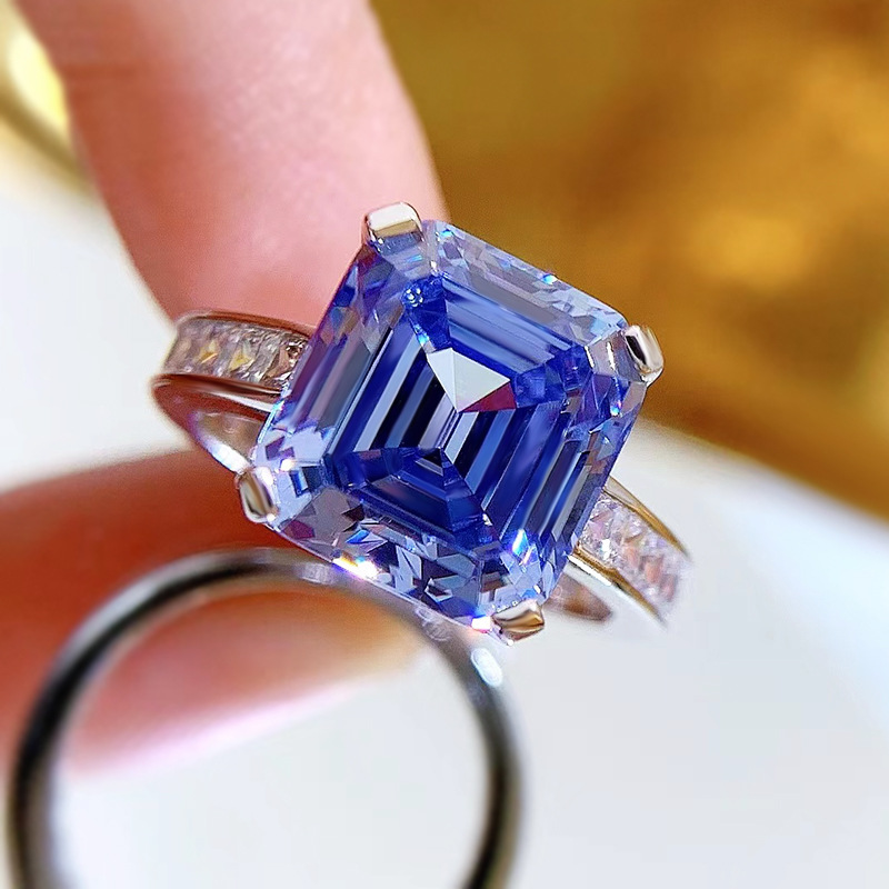 5.5Ct Blue Asscher Cut Pave Ring-Sterling Silver-lornajewelry