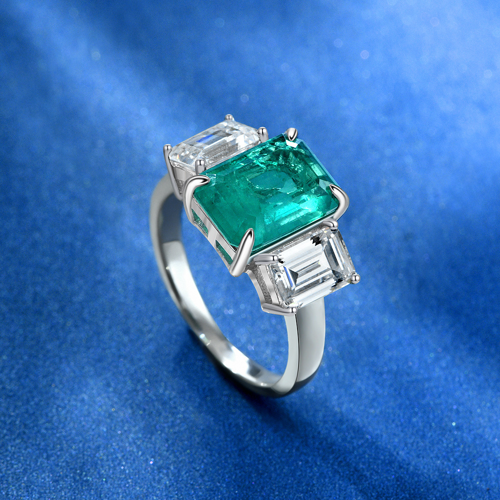 4Ct Emerald Cut Green Three-Stone Engagement Ring For Women In Sterling Silver
