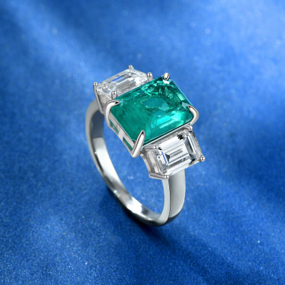 4Ct Emerald Cut Green Three-Stone Engagement Ring For Women In Sterling Silver