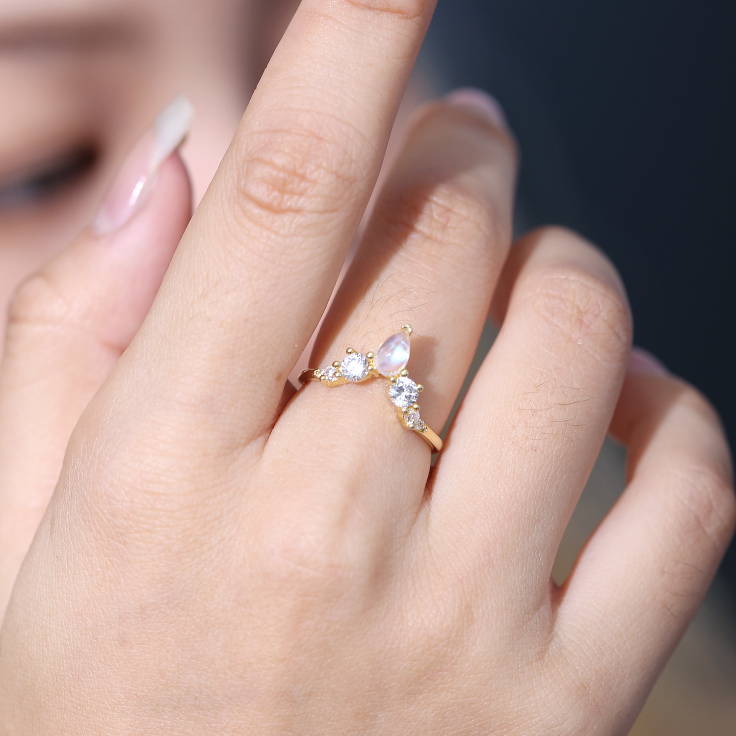 Natural Cream Blue Moonstone Engagement Ring