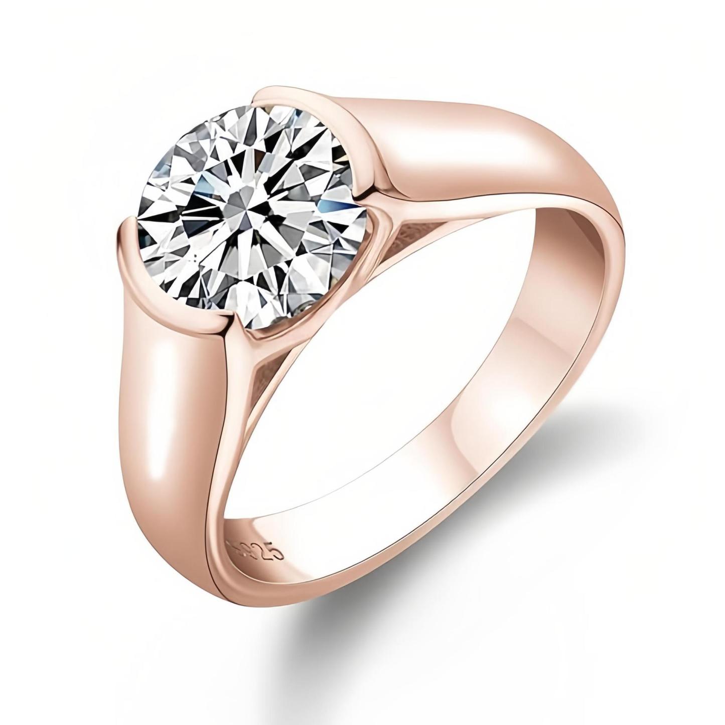 1Ct/2Ct/3Ct Moissanite Solitaire Half Bezel Set Sterling Silver Engagement Ring