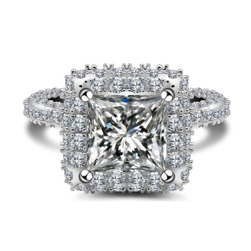 3Ct Princess Cut Luxury Double Halo Pavé Engagement Ring in Sterling Silver