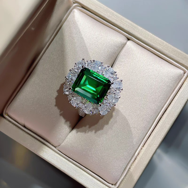 6Ct Emerald Cut Green Vintage Halo Design Ring-Sterling Silver-lornajewelry