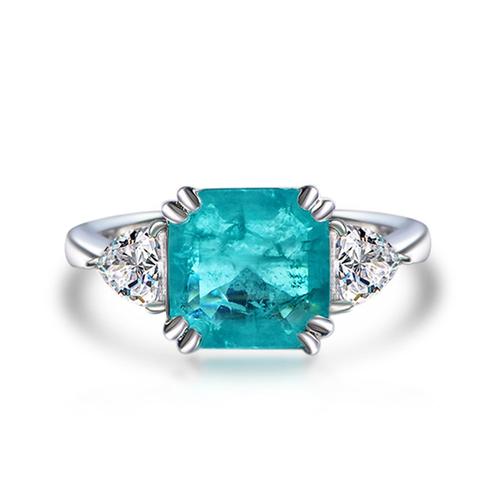 5Ct Asscher Cut Blue Paraiba Tourmaline Three-Stone Setting Ring-Sterling Silver-lornajewelry