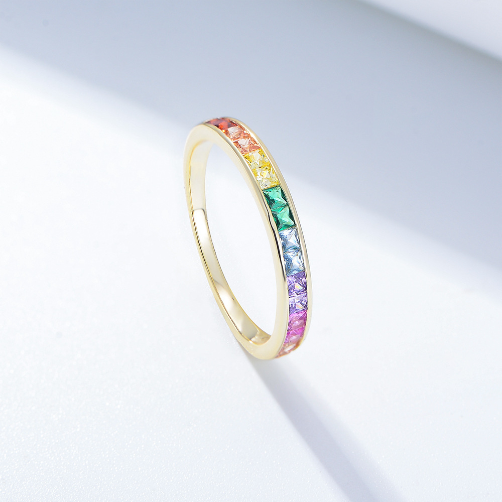 Micro-Pavé Square Rainbow Zircon Wedding Band in Sterling Silver