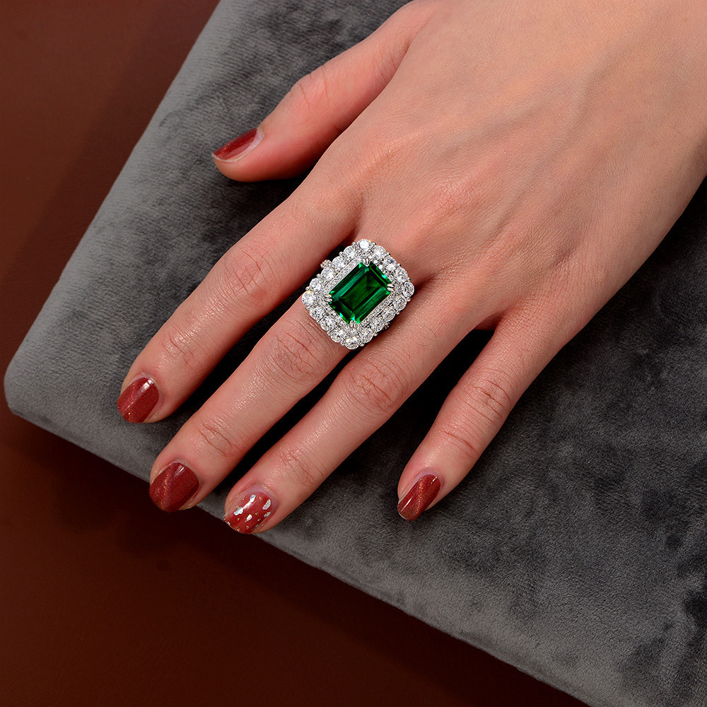 7Ct Green Emerald Cut Halo Setting Classic Ring-Sterling Silver-lornajewelry