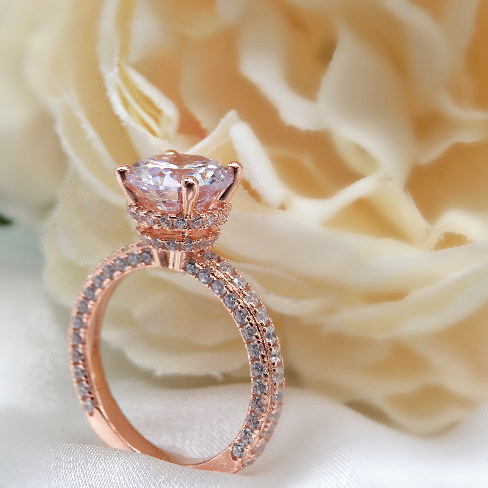 2Ct Round Cut  Rose Gold Full Pave Engagement Ring In Sterling Silver