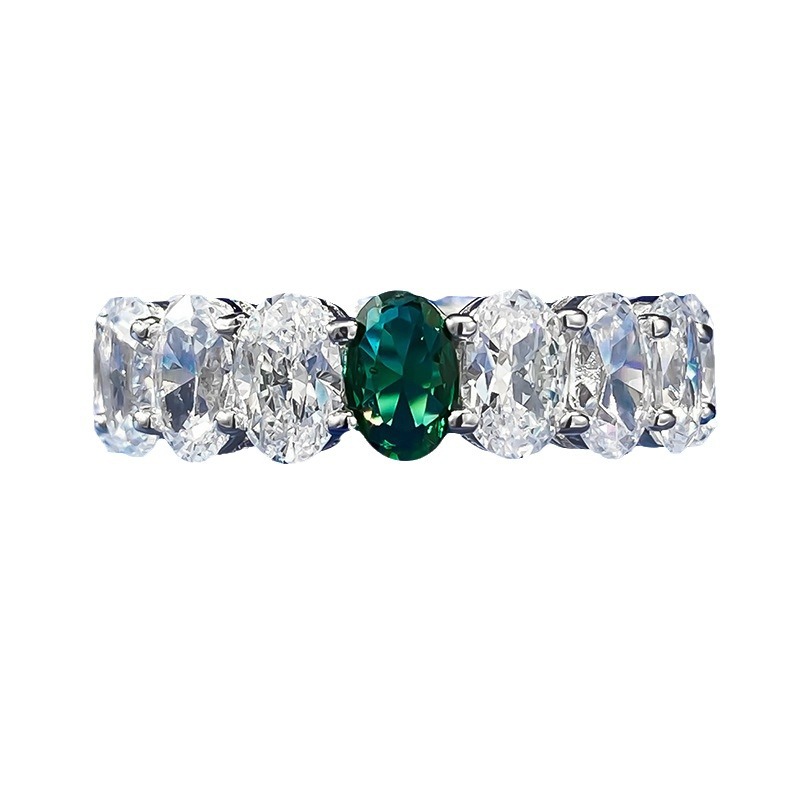 Emerald Green&Full Oval Cut White Gemstone Wedding Band-Sterling Silver-lornajewelry
