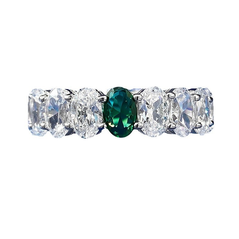 Emerald Green&Full Oval Cut White Gemstone Wedding Band-Sterling Silver-lornajewelry