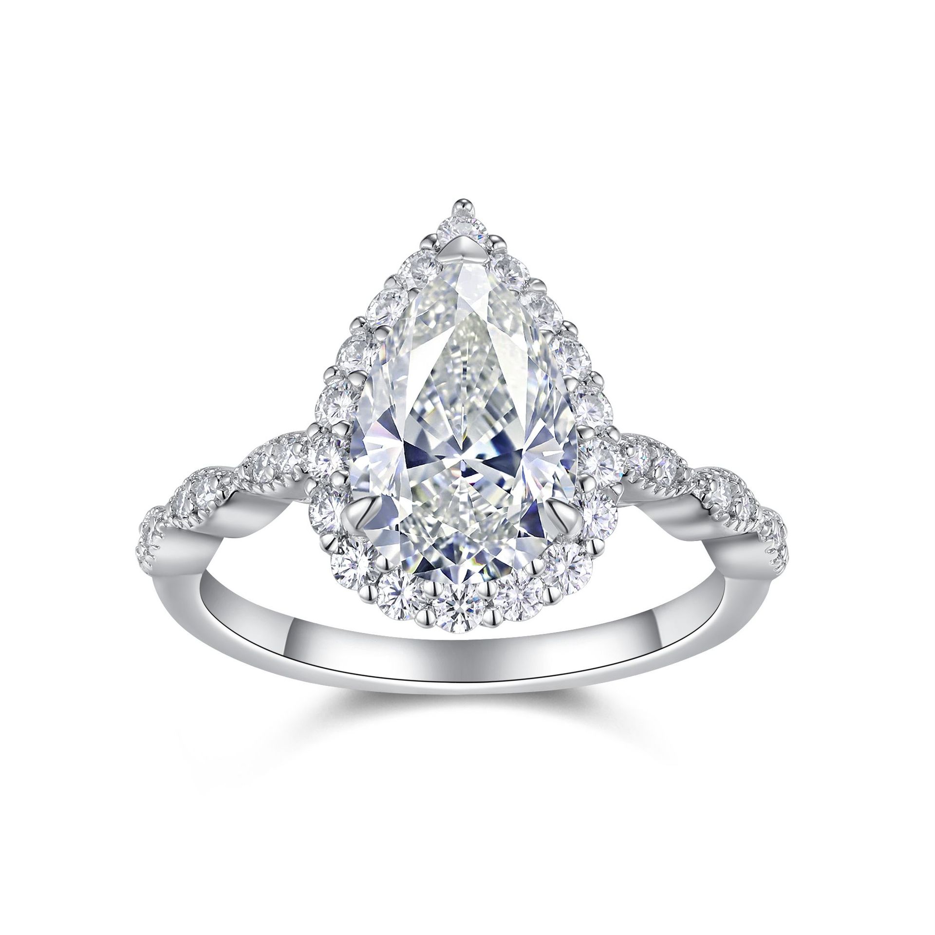 2Ct Moissanite Pear Cut Classic Halo Design Sterling Silver Engagement Ring