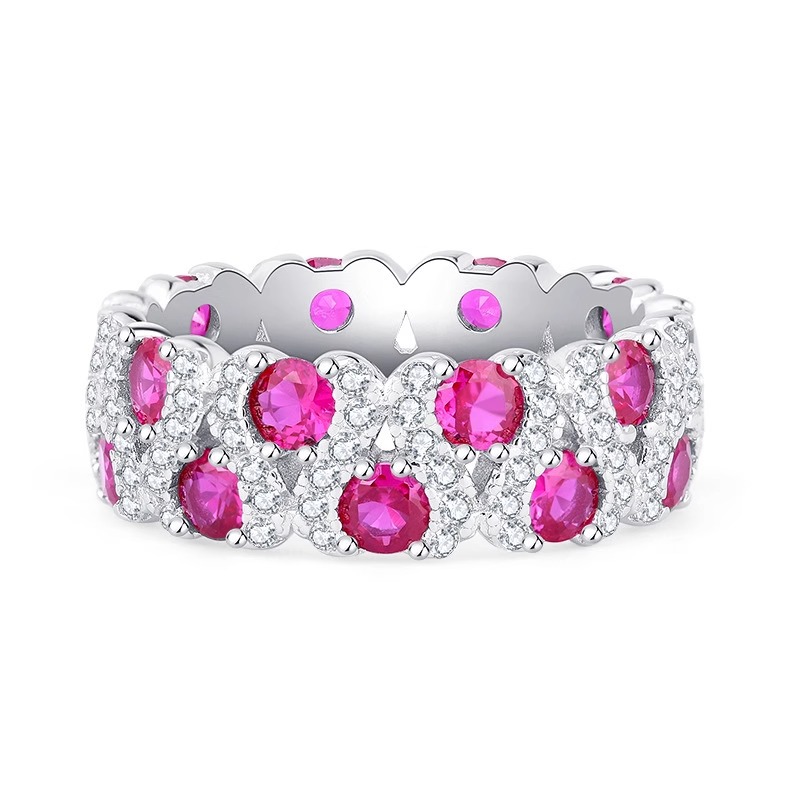 Red Ruby Round Cut Pave Eternity Band-Sterling Silver-lornajewelry
